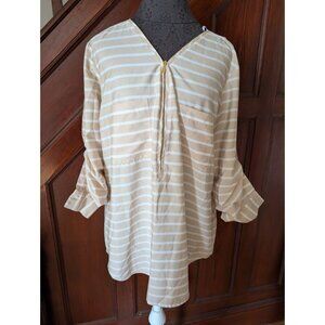 Calvin Klein Beige & White Striped V-Neck Blouse With Zipper Closure XL